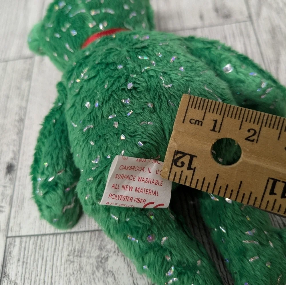 Ty Decade jingle Bells Collection Green Stuffed Bear with Red Bow and Gold Bell